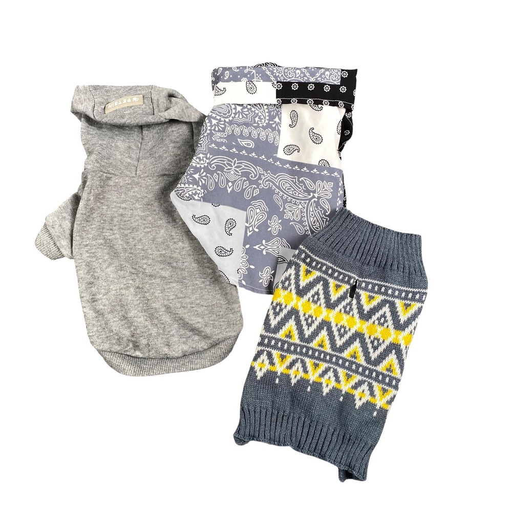 Petsin Small Pet Apparel Bundle Gray Hoodie Bandana Shirt Fair Isle Sweater 3pc